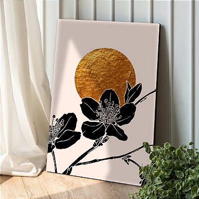 Quadro Decorativo Canvas Flores em Preto com Fundo Gold Vertical