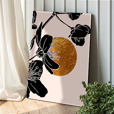 Quadro Decorativo Canvas Flores em Preto com Fundo Gold Vertical