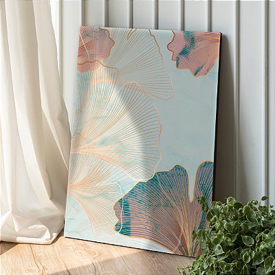 Quadro Decorativo Canvas Flores em Silhueta de Linhas Finas Gold Com Cores Azul e Rose Vertical