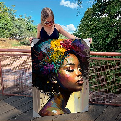 Quadro Decorativo Canvas Beleza Feminina Face em Perfil de Pintura de Mulher Negra Vertical