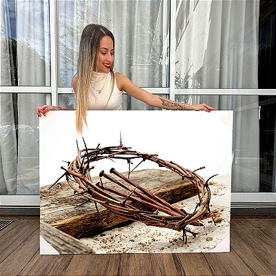 Quadro Decorativo Canvas Religioso Cruz Sagrada com as Estacas e a Coroa de Espinhos de Jesus Cristo Horizontal