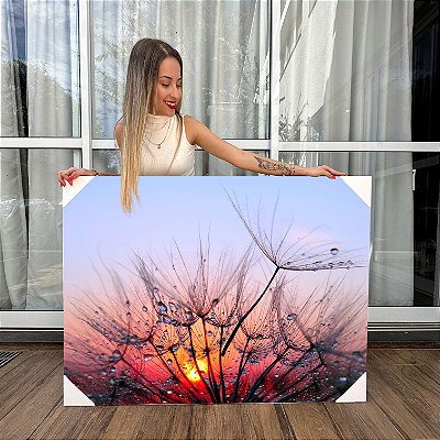 Quadro Decorativo Canvas Dentes de Leão com Gotas de Água ao Pôr do Sol Horizontal