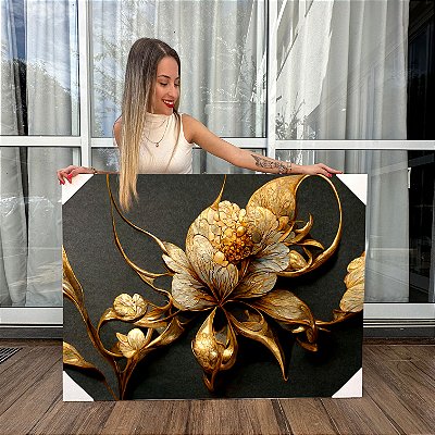 Quadro Decorativo Canvas Composição Abstrata de Flores em Ouro Gold Horizontal