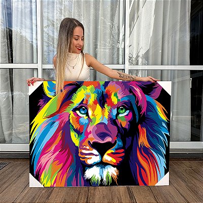 Quadro Decorativo Canvas Leão Colorido Abstrato Horizontal