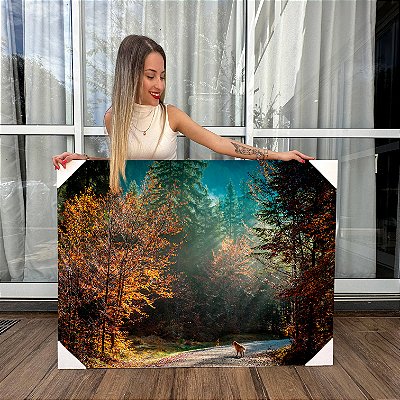 Quadro Decorativo Canvas Paisagem Cachorro em Estrada de Terra com Floresta ao Redor Horizontal