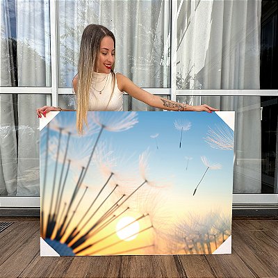 Quadro Decorativo Canvas Paisagem de Dentes de Leão com Pôr do Sol ao Fundo Horizontal