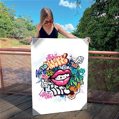 Quadro Decorativo Canvas Street Art com Boca e Palavras Coloridas Horizontal