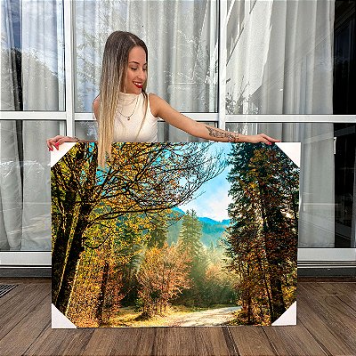 Quadro Decorativo Canvas Paisagem Pequena Estrada de Terra Cercada Por Floresta no Outono Horizontal