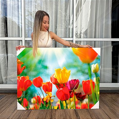 Quadro Decorativo Canvas Floral Flores Tulipas Coloridas Horizontal