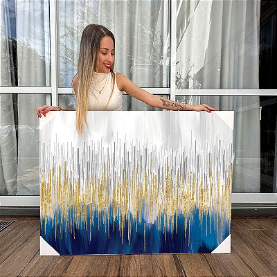 Quadro Decorativo Canvas Composição Abstrata de Traços Cinza e Dourados Horizontal