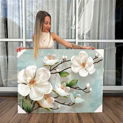 Quadro Decorativo Canvas Floral Pintura de Orquídeas Brancas Horizontal