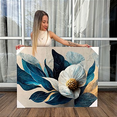 Quadro Decorativo Canvas Floral Flores de Magnólia Azuis e Brancas Horizontal