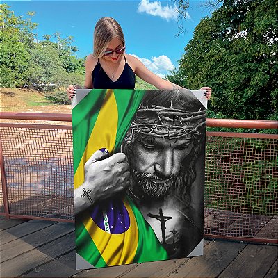 Quadro Decorativo Canvas Religioso Jesus com a Bandeira do Brasil Vertical
