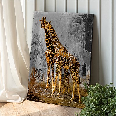 Quadro Decorativo Canvas Girafa Dourada Fundo Abstrato Vertical