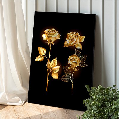 Quadro Decorativo Canvas Floral Elegante Rosas Gold Vertical