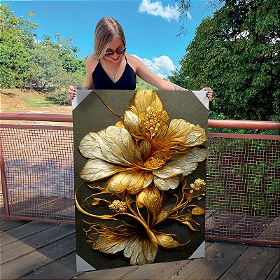 Quadro Decorativo Canvas Flores Branco e Dourado Vertical