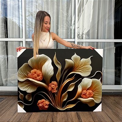 Quadro Decorativo Canvas Flores Brancas em Fundo Preto Horizontal