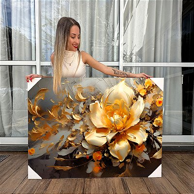 Quadro Decorativo Canvas Flor Branca e Dourada Pintura Horizontal