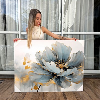 Quadro Decorativo Canvas Flor Azul com Detalhes Dourados Horizontal
