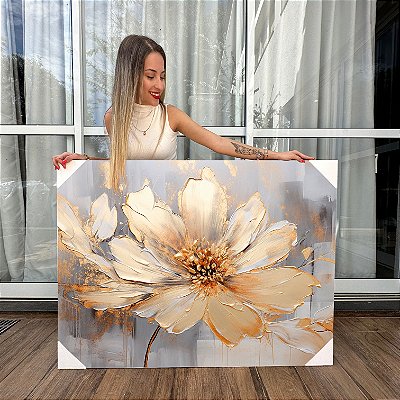 Quadro Decorativo Canvas Flor Grande Dourada e Fundo Cinza Horizontal