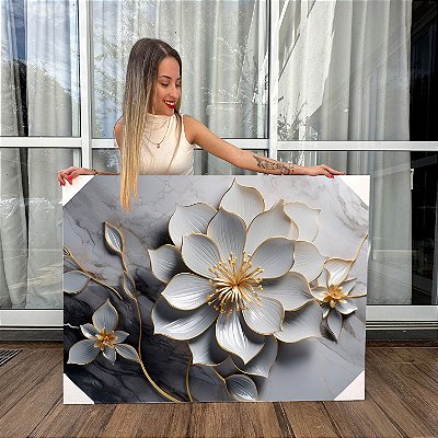 Quadro Decorativo Canvas Flores Brancas Bordas Douradas Horizontal