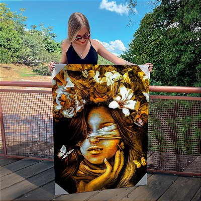 Quadro Decorativo Canvas Mulher Dourada com Flores na Cabeça Vertical