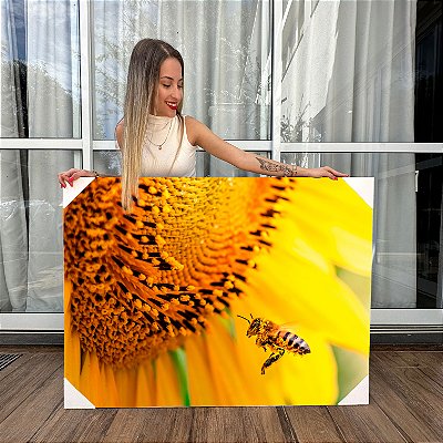 Quadro Decorativo Canvas Flores Girassol com Abelha Horizontal