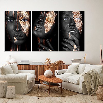 Quadros Decorativos Trio em Canvas Beleza Feminina Mulheres com Maquiagem Preta e Dourada