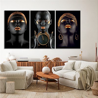 Quadros Decorativos Trio em Canvas Beleza Feminina Mulheres com Maquiagem Preta e Dourada