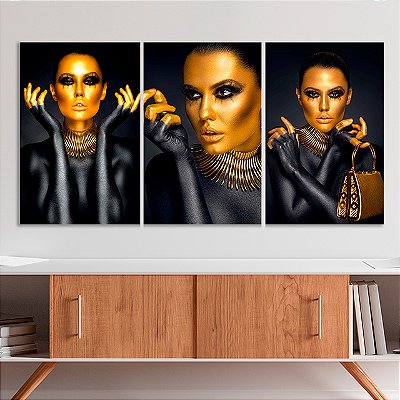 Quadros Decorativos Trio em Canvas Beleza Feminina Mulheres com Maquiagem Preta e Dourada