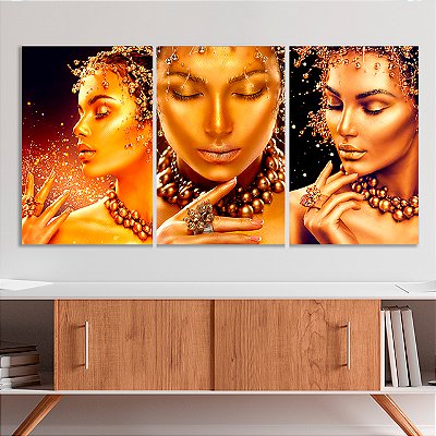 Quadros Decorativos Trio em Canvas Beleza Feminina Mulheres com Maquiagem Dourada