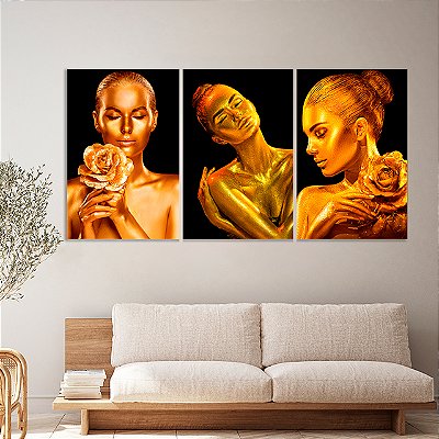 Quadros Decorativos Trio em Canvas Beleza Feminina Mulheres com Maquiagem Dourada