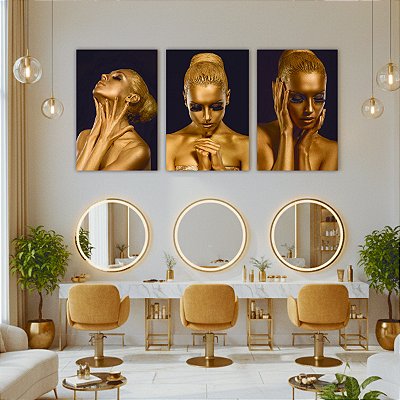 Quadros Decorativos Trio em Canvas Beleza Feminina Mulheres com Maquiagem Dourada