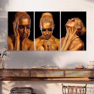 Quadros Decorativos Trio em Canvas Beleza Feminina Mulheres com Maquiagem Dourada