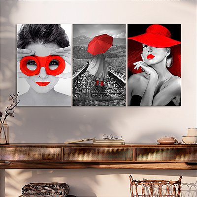Quadros Decorativos Trio em Canvas Beleza Feminina Mulheres com Detalhes Vermelhos