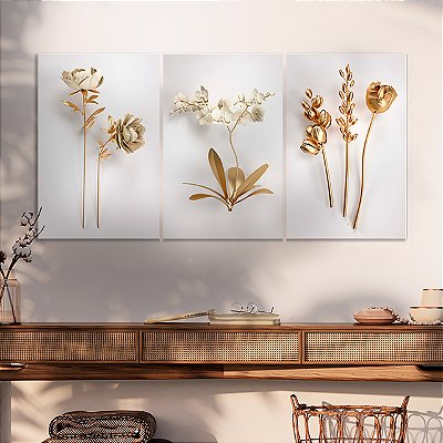 Quadros Decorativos Trio em Canvas Flores Douradas e Brancas