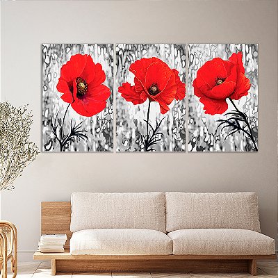 Quadros Decorativos Trio em Canvas Abstrato Flores Vermelhas