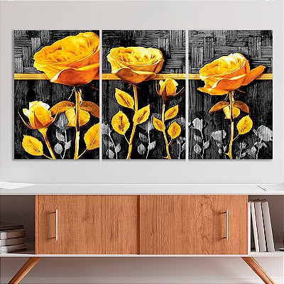 Quadros Decorativos Trio em Canvas Abstrato Flores Amarelas