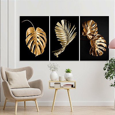 Quadros Decorativos Trio em Canvas Costelas de Adão Douradas Fundo Preto