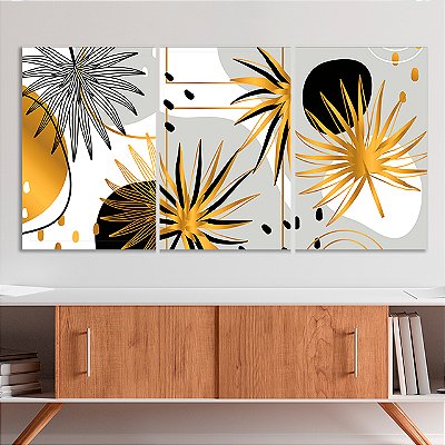 Quadros Decorativos Trio em Canvas Composição Abstrata de Folhas com Detalhes Dourados