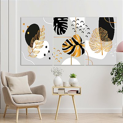 Quadros Decorativos Trio em Canvas Composição Abstrata de Folhas com Detalhes Dourados