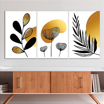 Quadros Decorativos Trio em Canvas Composição Abstrata de Folhas com Detalhes Dourados