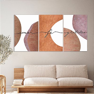 Quadros Decorativos Trio em Canvas Abstrato Amor Fé e Gratidão