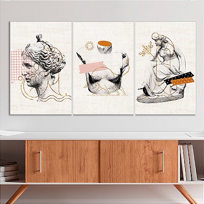 Quadros Decorativos Trio em Canvas Abstrato Estátuas Pop Art