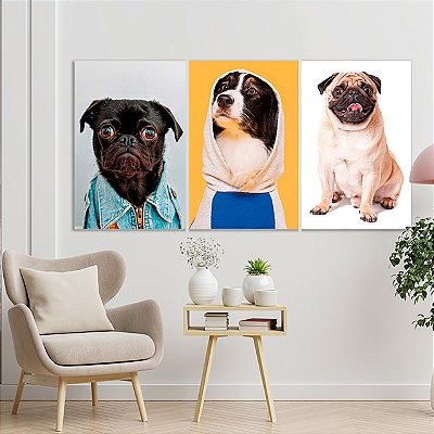 Quadros Decorativos Trio em Canvas Animais Pets Dogs Pug Border Collie