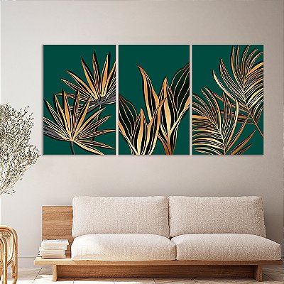 Quadros Decorativos Trio em Canvas Folhas Douradas em Fundo Verde