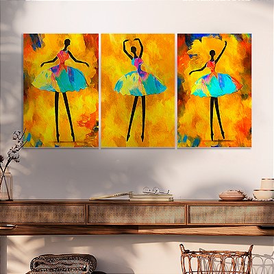 Quadros Decorativos Trio em Canvas Pintura Bailarinas Vestido Colorido