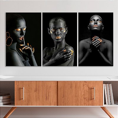 Quadros Decorativos Trio em Canvas Beleza Feminina Mulheres com Maquiagem Preta e Dourada