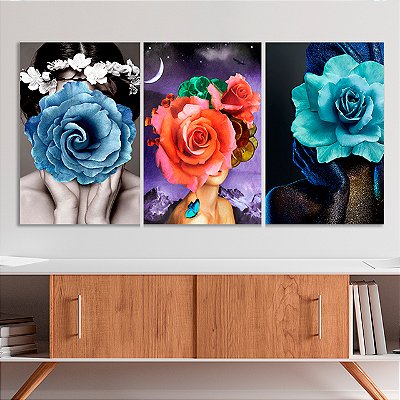 Quadros Decorativos Trio em Canvas Beleza Feminina Mulheres com Flores no Rosto