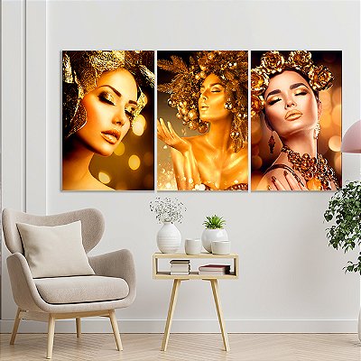 Quadros Decorativos Trio em Canvas Beleza Feminina Mulheres com Maquiagem Dourada e Flores